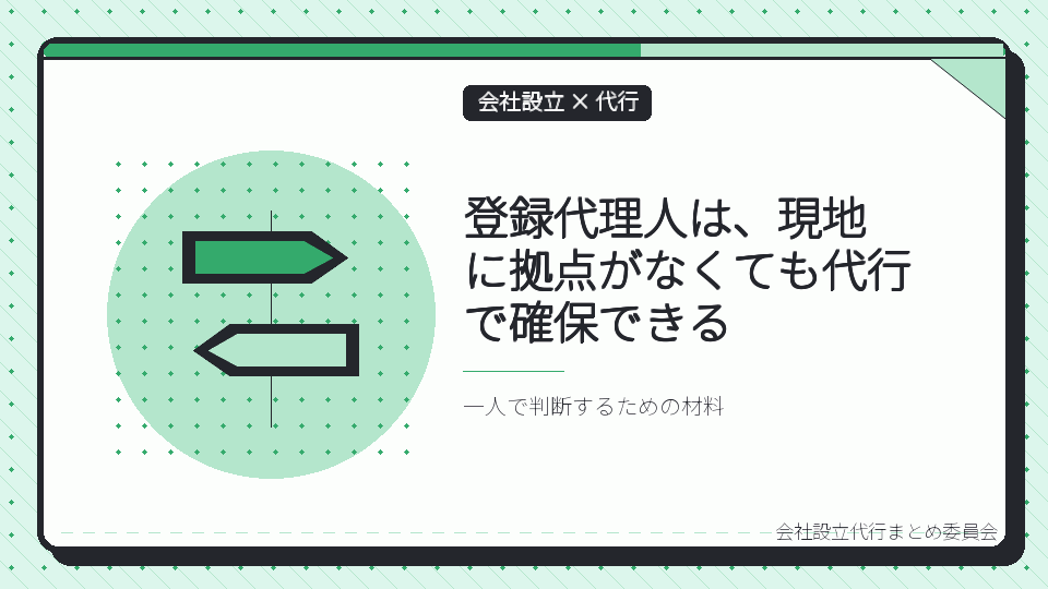 登録代理人は、現地に拠点がなくても代行で確保できるを表したイラスト