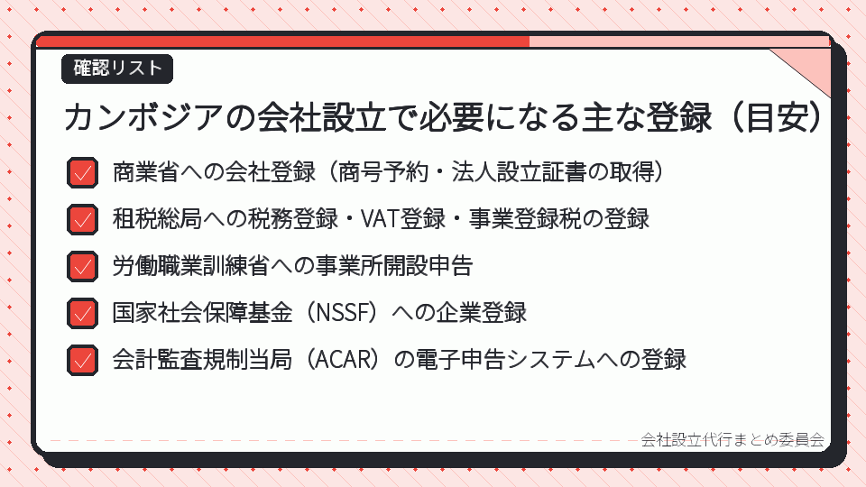 カンボジアの会社設立で必要になる主な登録(目安)