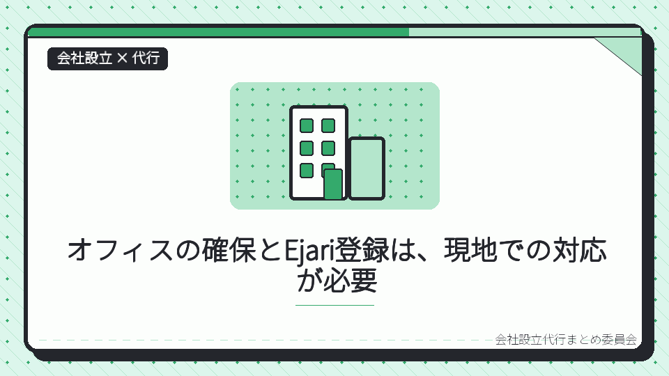 オフィスの確保とEjari登録は、現地での対応が必要を表したイラスト