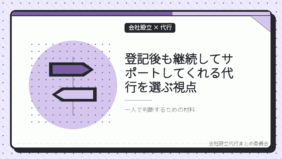 登記後も継続してサポートしてくれる代行を選ぶ視点を表したイラスト