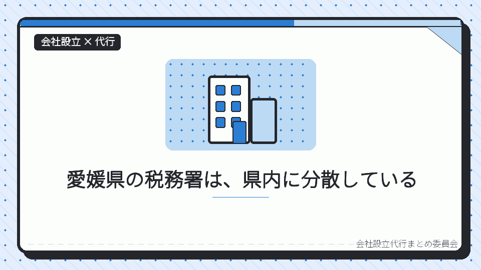 愛媛県の税務署は、県内に分散しているを表したイラスト
