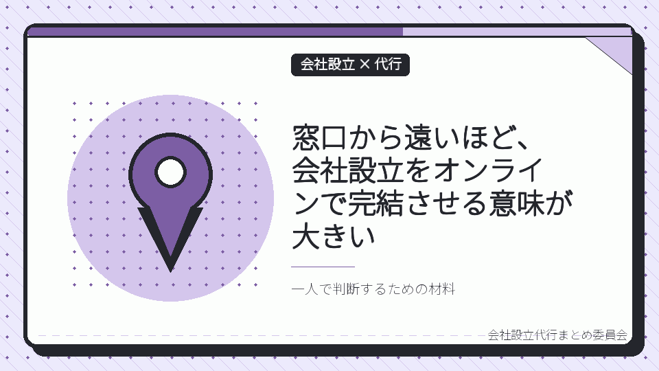窓口から遠いほど、会社設立をオンラインで完結させる意味が大きいを表したイラスト
