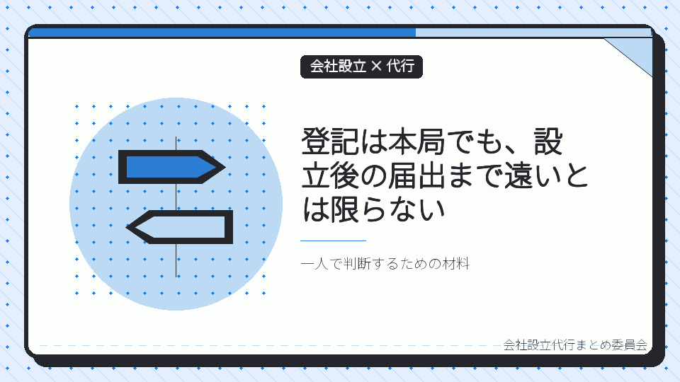 登記は本局でも、設立後の届出まで遠いとは限らないを表したイラスト