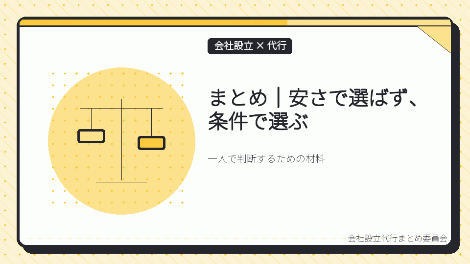 まとめ｜安さで選ばず、条件で選ぶを表したイラスト