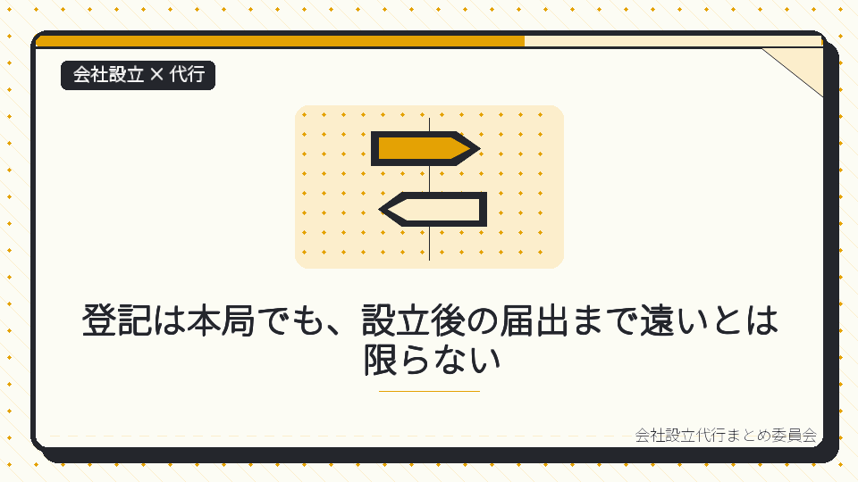 登記は本局でも、設立後の届出まで遠いとは限らないを表したイラスト