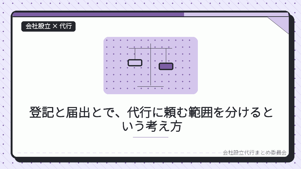 登記と届出とで、代行に頼む範囲を分けるという考え方を表したイラスト