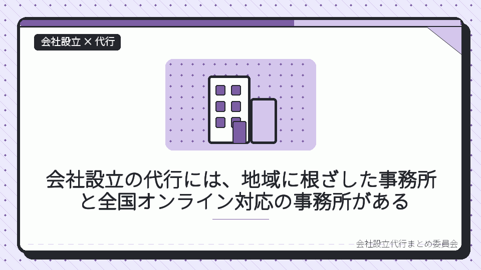 会社設立の代行には、地域に根ざした事務所と全国オンライン対応の事務所があるを表したイラスト