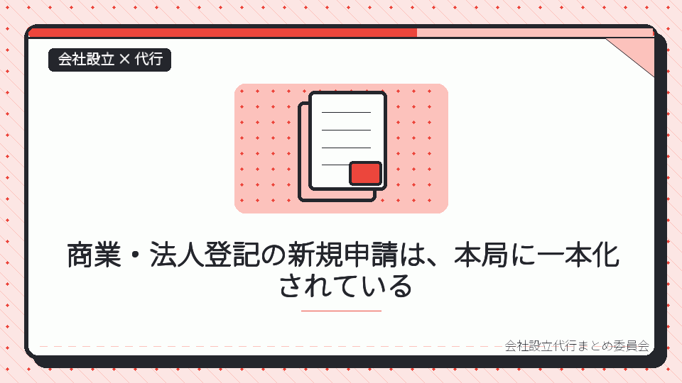 商業・法人登記の新規申請は、本局に一本化されているを表したイラスト