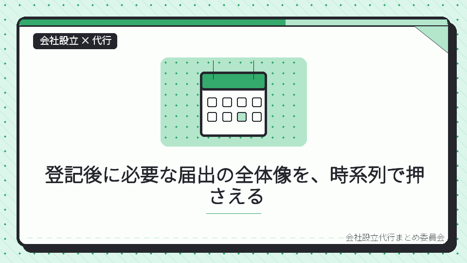 登記後に必要な届出の全体像を、時系列で押さえるを表したイラスト