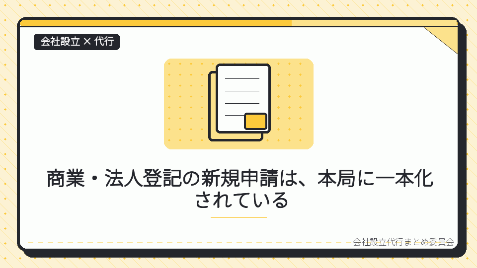 商業・法人登記の新規申請は、本局に一本化されているを表したイラスト