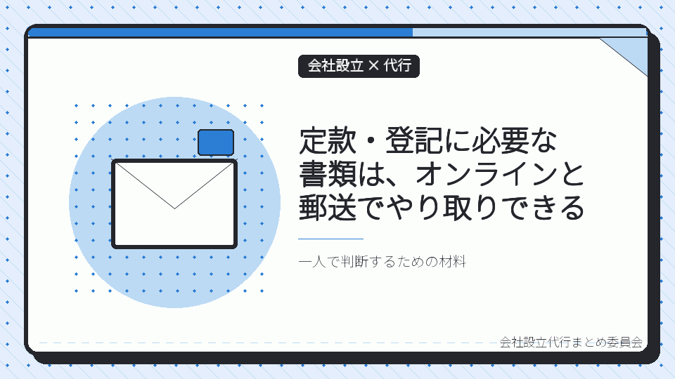 定款・登記に必要な書類は、オンラインと郵送でやり取りできるを表したイラスト