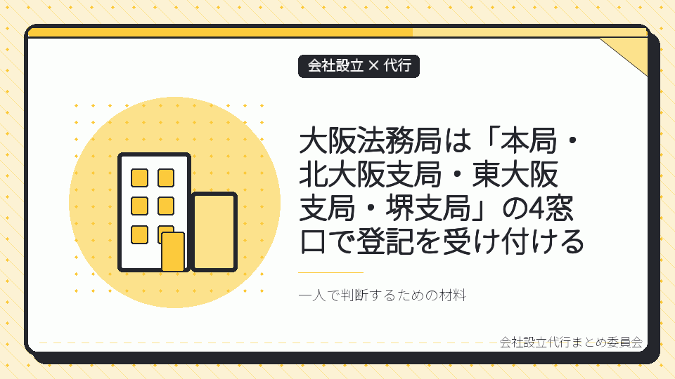 大阪法務局は「本局・北大阪支局・東大阪支局・堺支局」の4窓口で登記を受け付けるを表したイラスト
