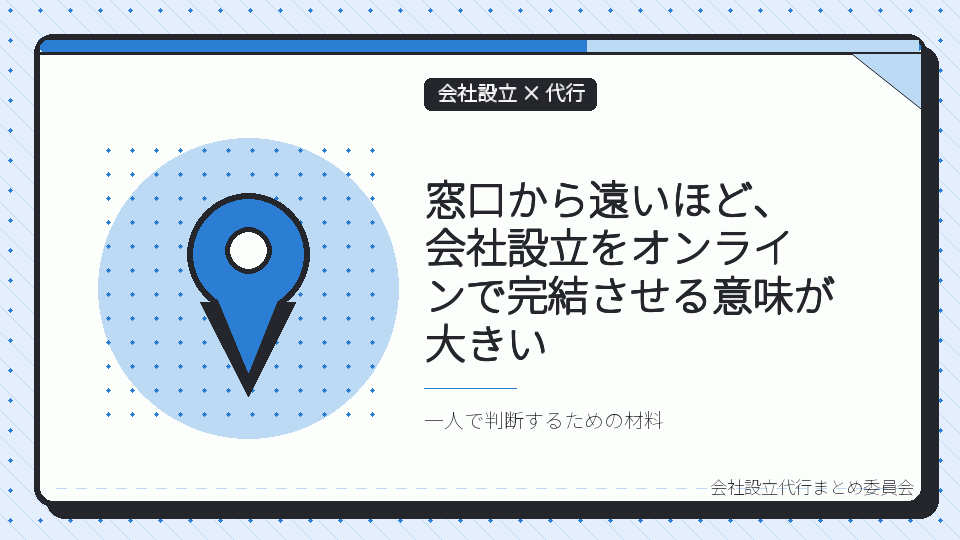 窓口から遠いほど、会社設立をオンラインで完結させる意味が大きいを表したイラスト