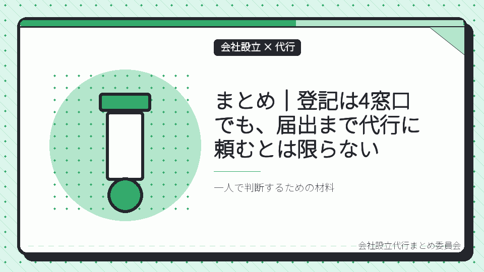 まとめ|登記は4窓口でも、届出まで代行に頼むとは限らないを表したイラスト