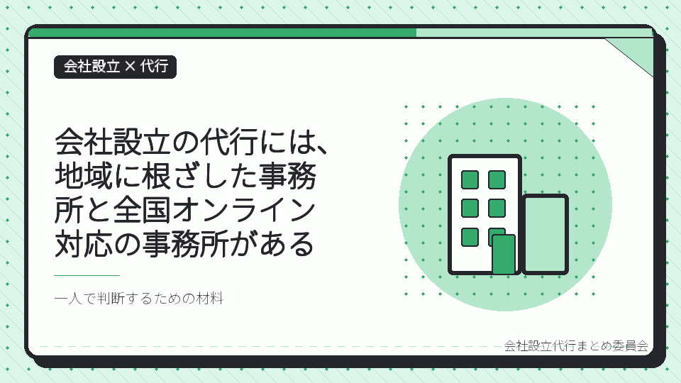 会社設立の代行には、地域に根ざした事務所と全国オンライン対応の事務所があるを表したイラスト