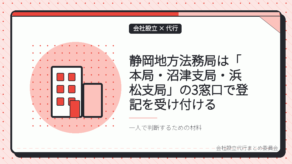 静岡地方法務局は「本局・沼津支局・浜松支局」の3窓口で登記を受け付けるを表したイラスト