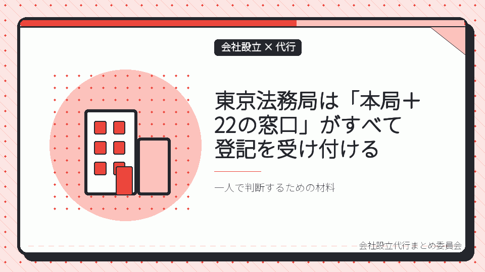 東京法務局は「本局＋22の窓口」がすべて登記を受け付けるを表したイラスト